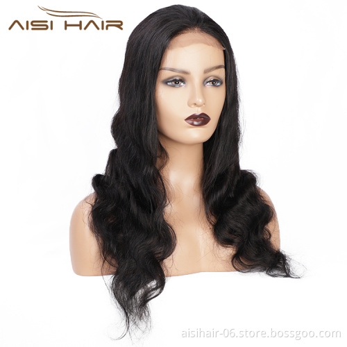 Aisi Hair Top Quality 22 Inch Long Wavy Natural Black Wig Body Wave Swiss Lace Wig Synthetic Hair Lace Front Wigs For Women